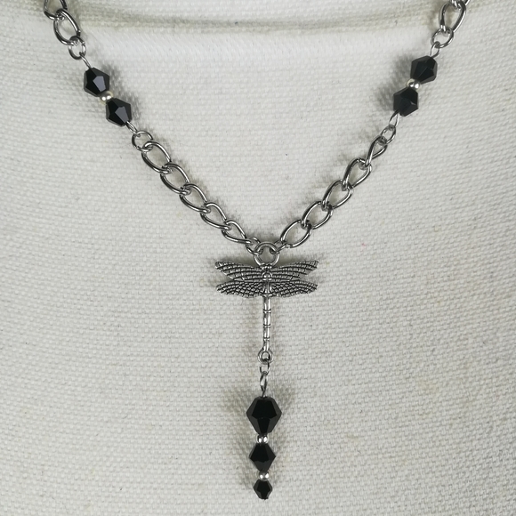 Goth dragonfly necklace black faceted glass beads witchy dark pagan - Picture 2 of 3